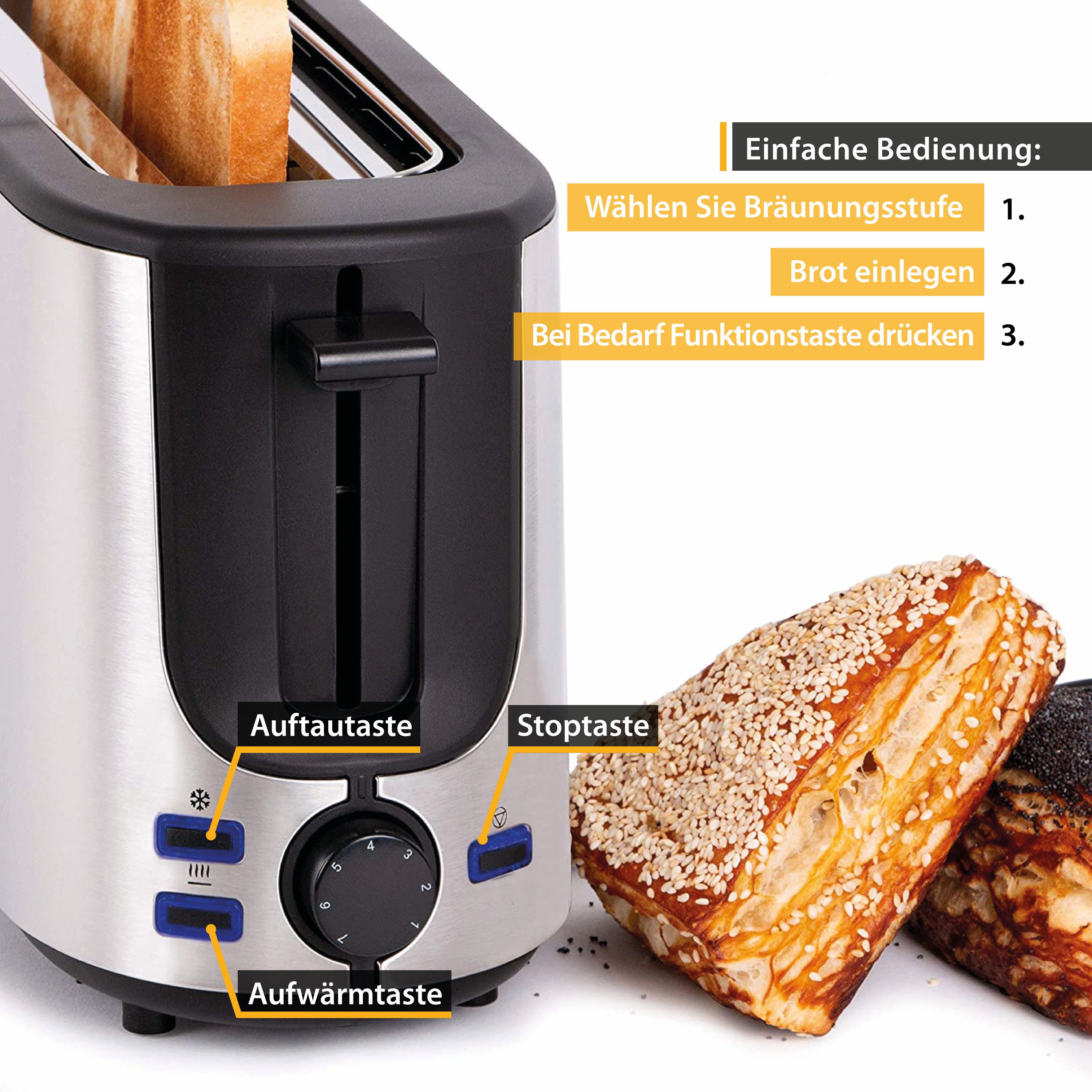 Toaster | 2 Scheiben | 1000W | Schwarz/Edelstahl