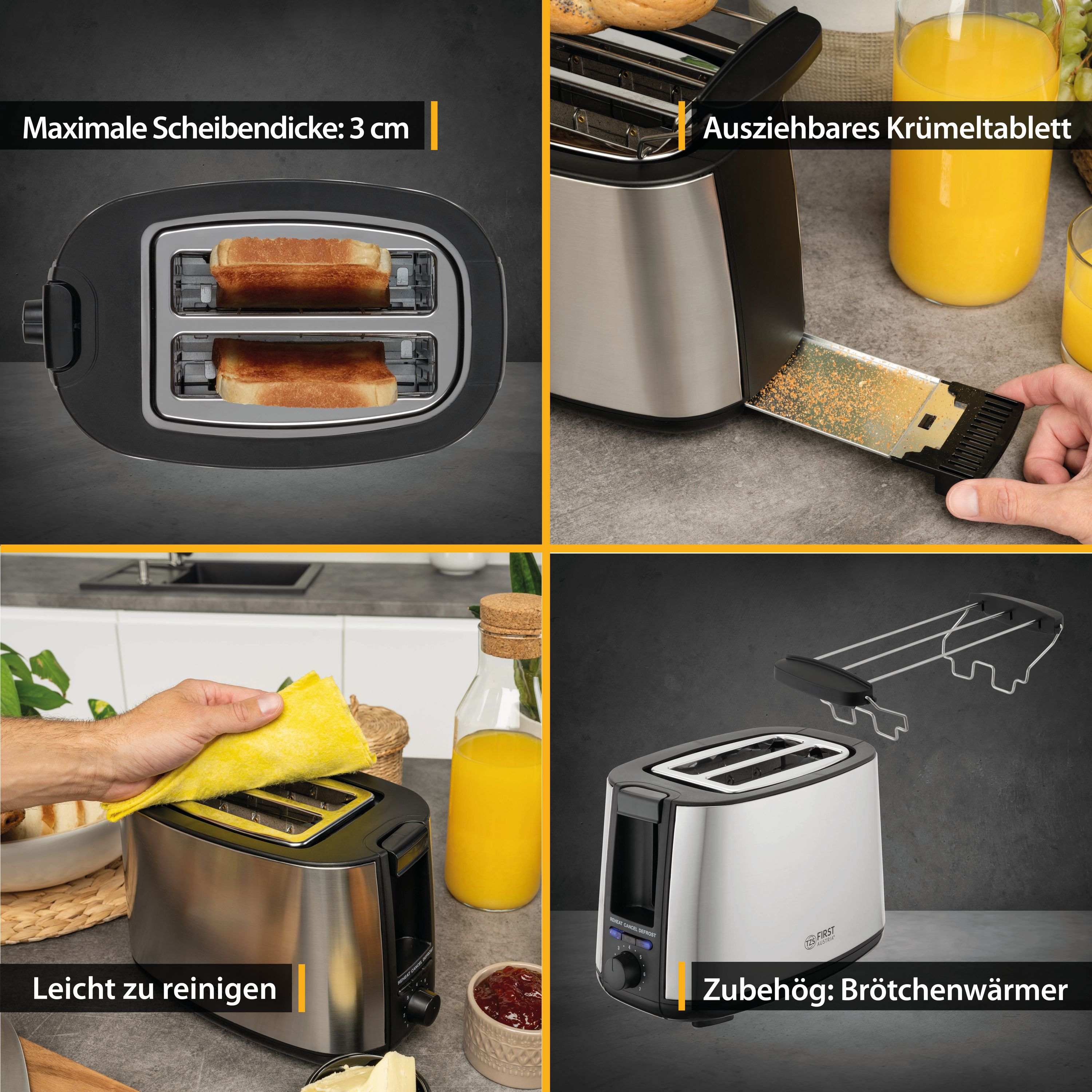 Toaster | 2 Scheiben | 750W | Edelstahl/Schwarz